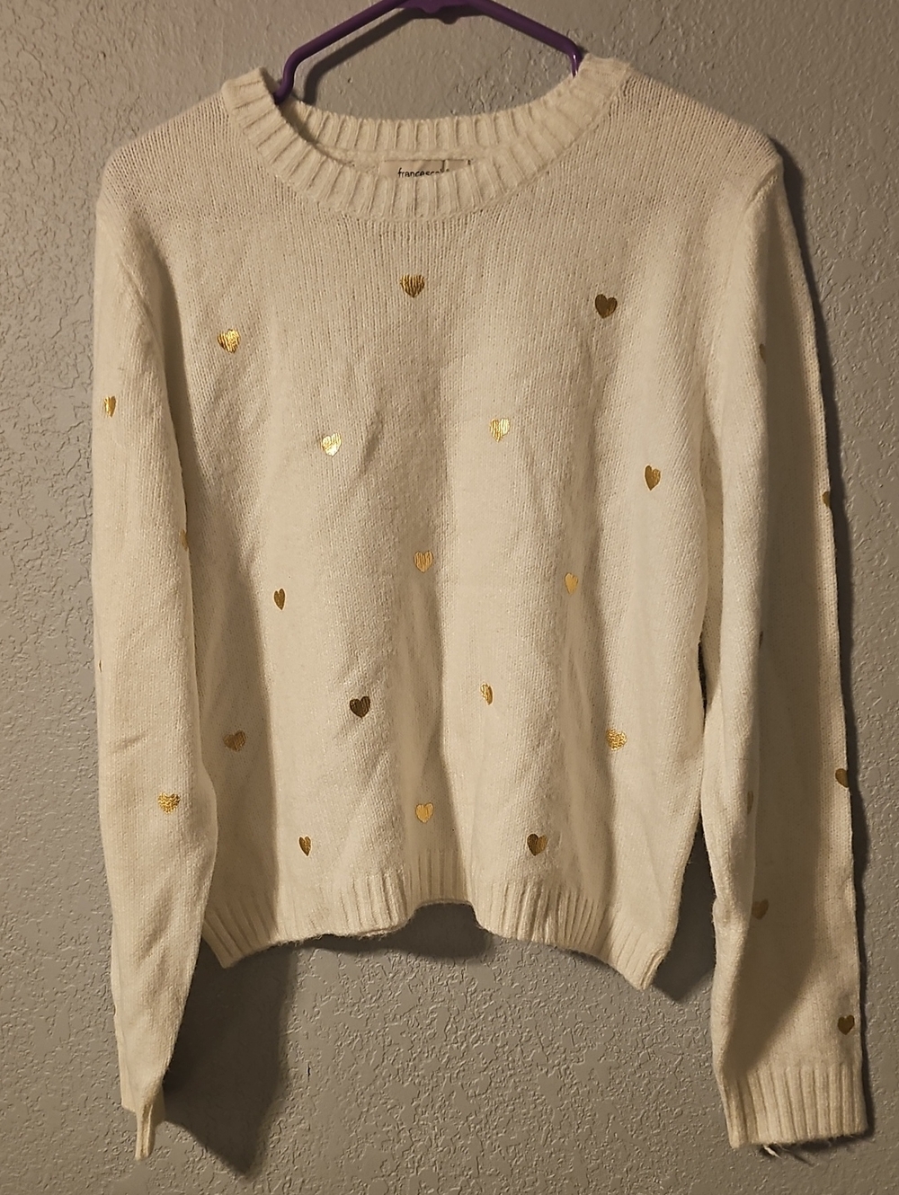 Francesca's Collections Cream Sweater with Gold Heart Accents